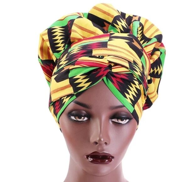 African Print Satin Bonnet With Long Ribbon Wrap - Picture 4 of 10